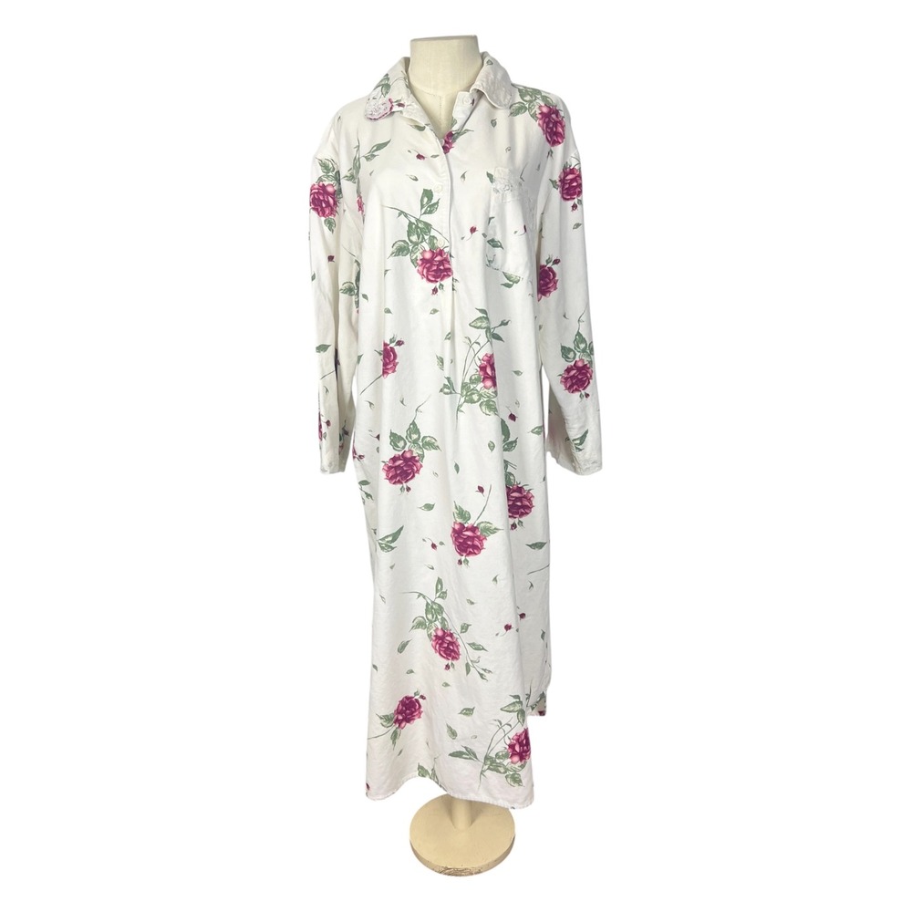 Amanda Stewart Cozy Wear Vintage Floral Rose Cotton Flannel Nightgown  Large